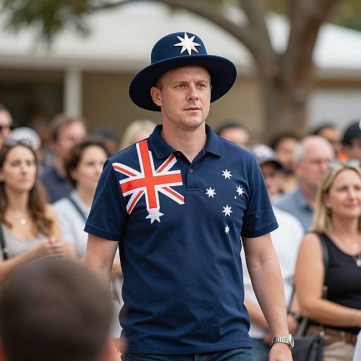 Photograph of a Caucasian man in a navy polo shirt with Australian flag and star design, wearing a matching navy hat, standing amid a blurred crowd outdoors