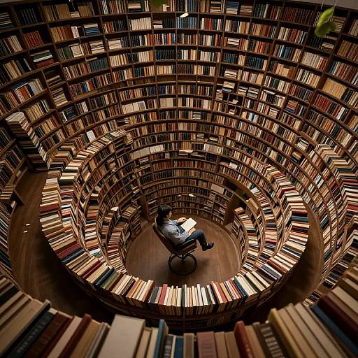 Photograph of a person seated in a spiral bookshelf room, surrounded by densely packed books, viewed from above. Warm, ambient lighting.