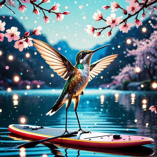 Hummingbird on Paddle Board in Spring Cherry Blossom Lagoon Hummingbird on Paddle Board in Spring Cherry Blossom Lagoon