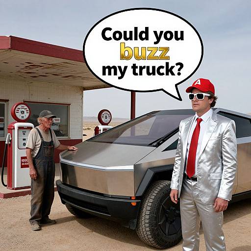 Photograph of a silver SUV at a gas station; older man in overalls, younger man in white suit, red tie, and cap, saying
