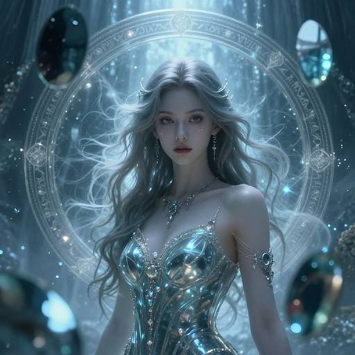 Digital artwork of a beautiful, ethereal woman with long, wavy silver hair, wearing a shimmering, metallic blue corset, surrounded by glowing