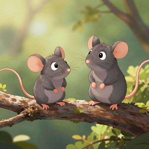 Digital illustration of two cute, gray, cartoon mice with large pink ears and pink paws, standing on a moss-covered tree branch in a sunlit