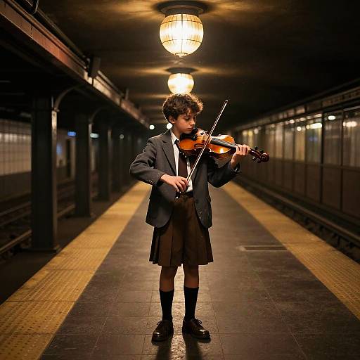 Lonely Teen Violinist on Art Deco Platform
