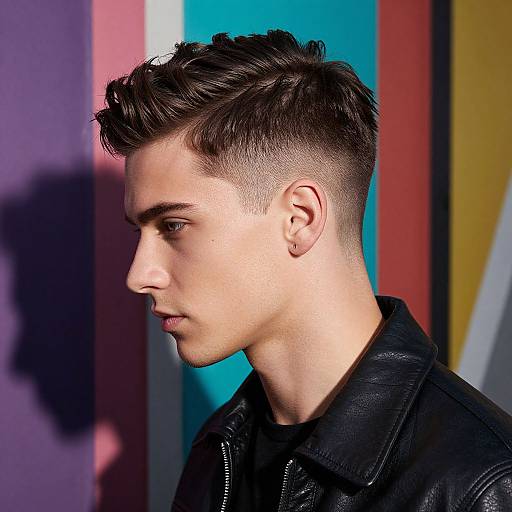 Photograph of a young man with short, dark, styled hair, fair skin, wearing a black leather jacket, in a colorful, multi-paneled