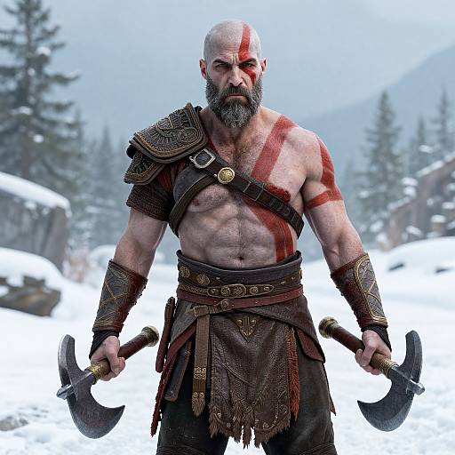 Bald, muscular warrior with red tribal tattoos, brown leather armor, and dual axes stands in snowy mountain forest background. CGI image.