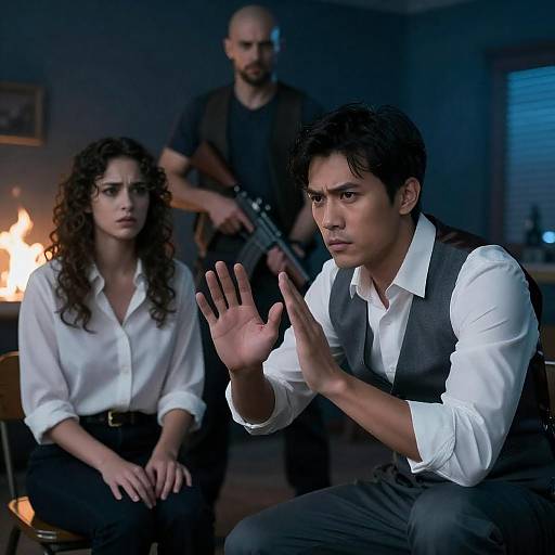 Tense Blue Room Confrontation With Weapon