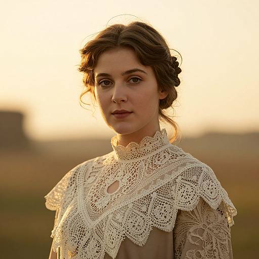 Photograph of a young woman with brown hair in an updo, wearing an intricate, cream-colored lace dress, against a golden sunset background.