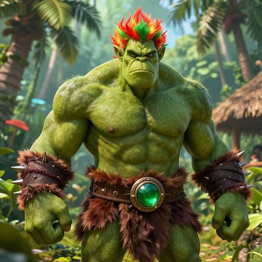 CGI image of a muscular, green-skinned orc with red and green spiky hair, wearing spiked brown fur arm bands and a belt with a