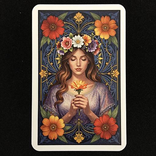 Digital art: serene woman with wavy brown hair, flower crown, holding orange flower, wearing purple dress, surrounded by vibrant flowers and intricate blue pattern
