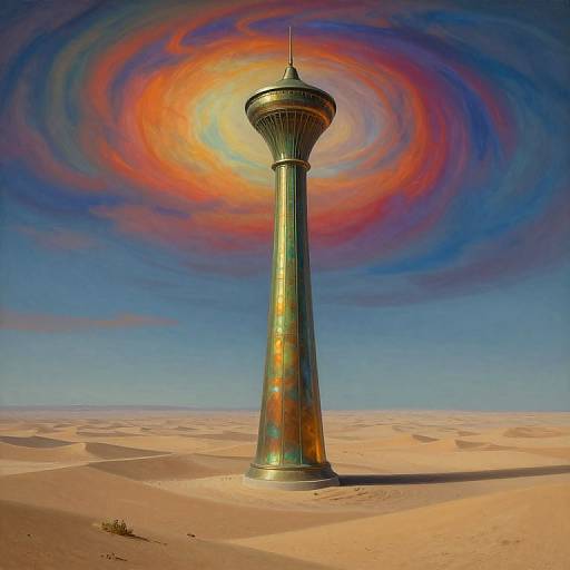 Photograph of a tall, metallic observation tower in a desert, with a surreal, swirling rainbow and orange cloud formation in the vivid blue sky above.