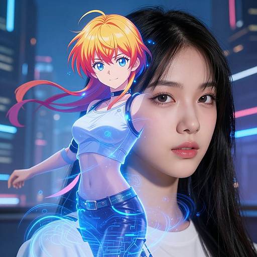 Digital artwork: anime girl with vibrant orange hair and blue eyes, wearing a white crop top and black pants, overlays a realistic Asian woman with long black