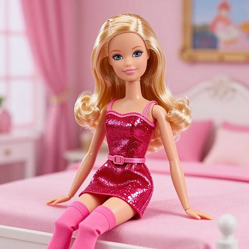 Photograph of a blonde Barbie doll with blue eyes, wearing a sparkly pink sequin dress and pink thigh-high socks, sitting on a pink bed