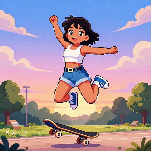 Pixel Art Girl Skateboarder Jumping in Sunset Park