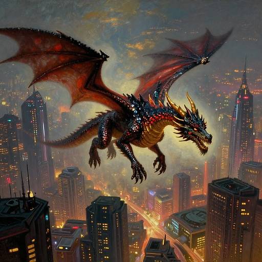 Digital artwork of a fierce, red-scaled dragon with black wings soaring over a glowing, chaotic cityscape filled with lit skyscrapers.