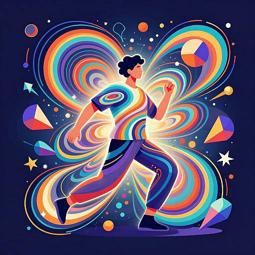 Vibrant digital illustration of a dancing man with colorful, swirling rainbow patterns, geometric shapes, and stars against a dark blue background.