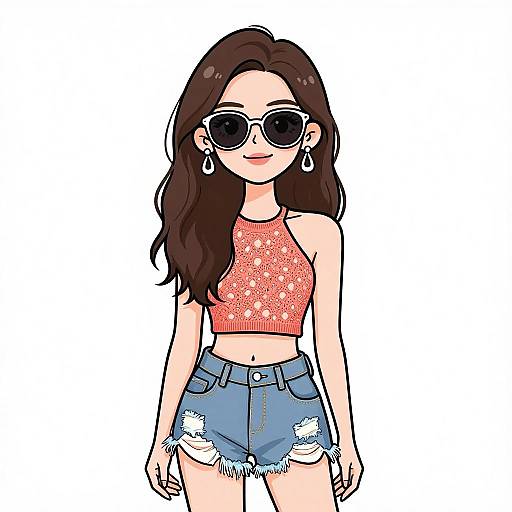 Digital illustration of a young woman with long brown hair, wearing black sunglasses, red floral crop top, and distressed denim shorts.