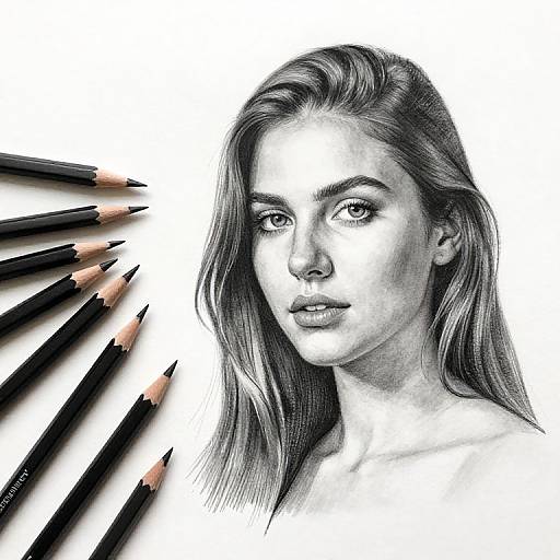 Black-and-white pencil drawing of a young woman with long hair, realistic features, surrounded by sharpened colored pencils on a white background.
