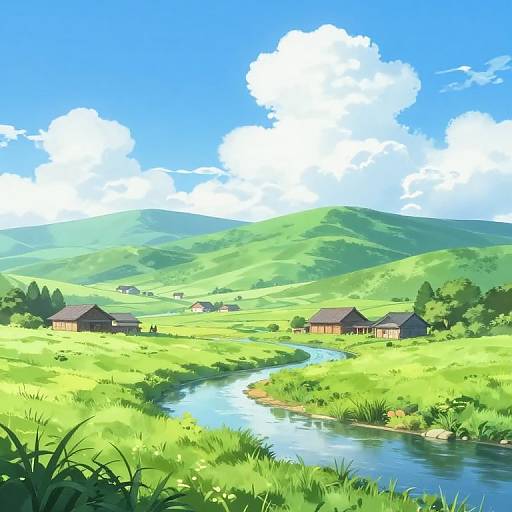 Digital painting of a vibrant, sunny countryside with lush green hills, a winding blue river, and rustic wooden houses under a bright blue sky with fluffy white