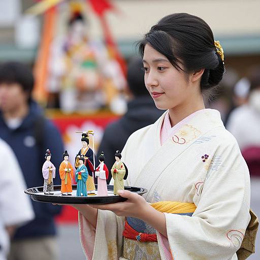 Japanese Woman in Kimono Holding Festival Figurines