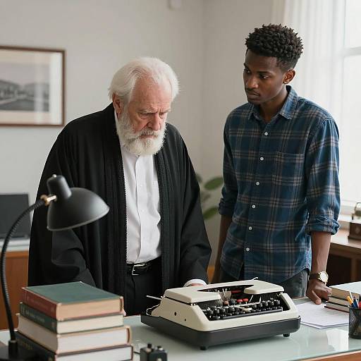 Older Man in Robe and Young Man in Office with Typewriter