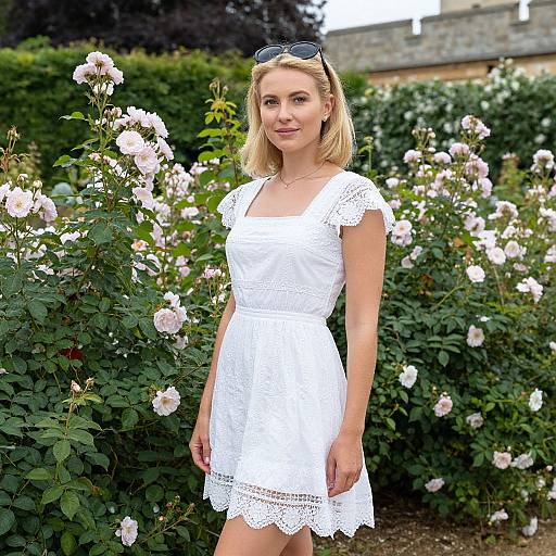 Photograph of a blonde woman in a white lace dress standing in a blooming rose garden, with greenery and a house in the background. Sung