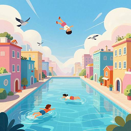 Digital illustration of two boys swimming in a vibrant, blue canal between colorful, pastel houses with birds flying overhead on a bright, sunny day.