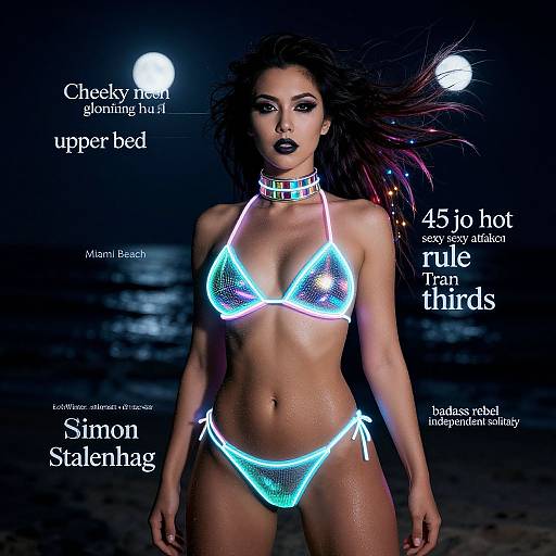 Photograph of a glowing neon bikini-clad woman under a moonlit night sky, with text highlighting features like checky neck and 45° hot