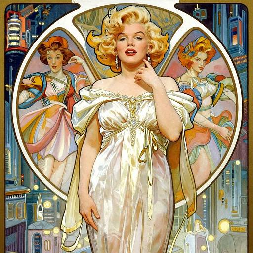Digital artwork of a blonde, fair-skinned woman in a shiny white off-shoulder dress with angel wings, surrounded by cityscape, with two