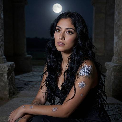 Photograph of a dark-haired woman with long, wavy hair, glowing white star tattoos on her arms, under a full moon, in a dim