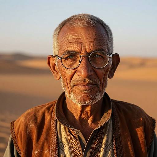 Photograph of an elderly, wrinkled, Middle Eastern man with grey hair, beard, glasses, wearing a brown vest over a patterned shirt,