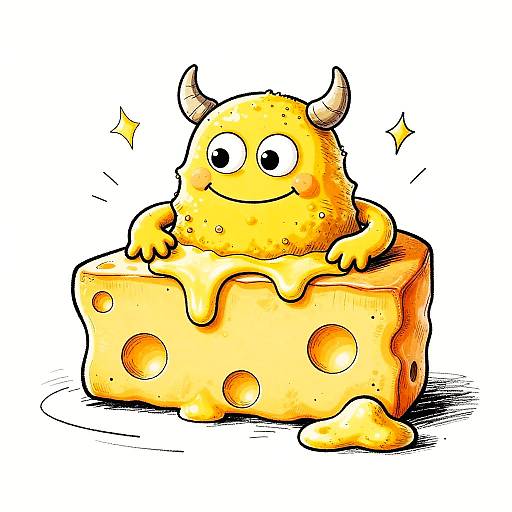 Colorful cartoon of a cheerful, yellow, cheese-demon with small horns and big eyes, sitting on a wedge of Swiss cheese.