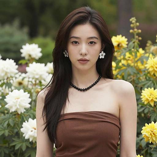 East Asian Woman in Garden with Flowers