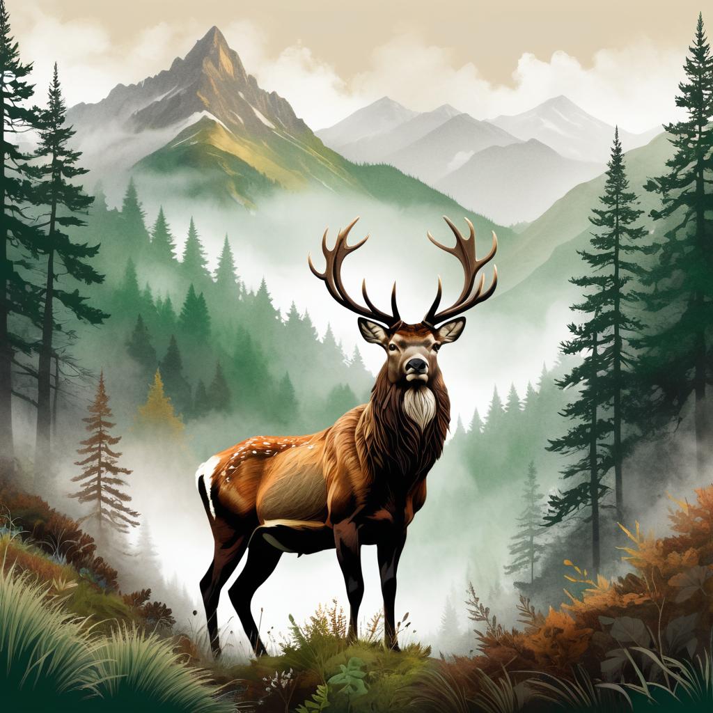 Majestic Stag in Misty Mountains Art