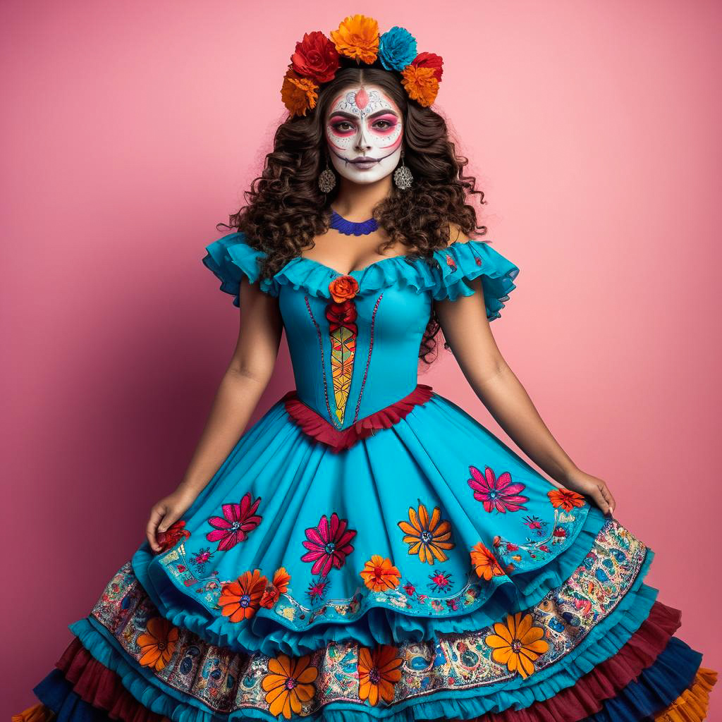 Cheerful Young Woman in Catrina Costume