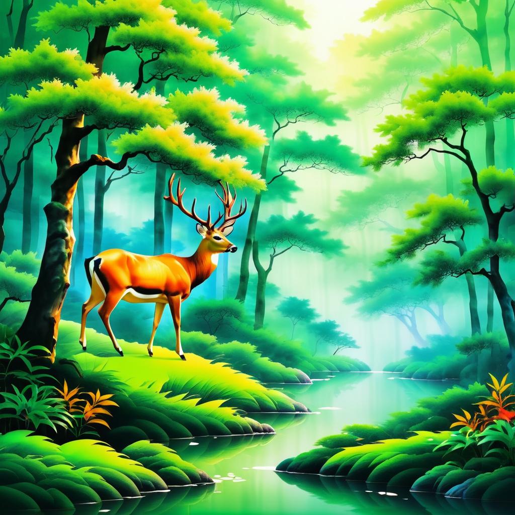 Lush Forest with Graceful Deer in Chinese Art