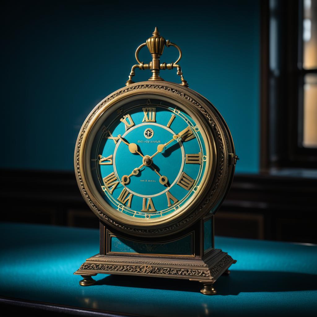 Antique Clock Against Dark Cyan Backdrop