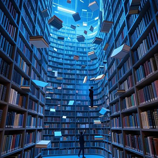 Photograph of a futuristic library with blue-lit shelves, floating books, and silhouetted figures exploring towering book-filled aisles.