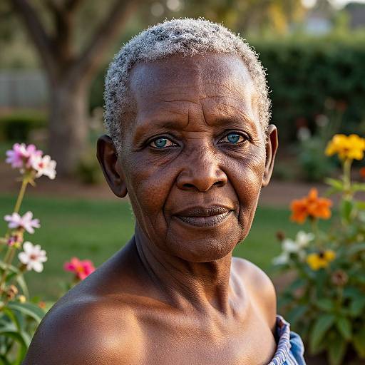 Photograph of an elderly, dark-skinned woman with short, curly gray hair, blue eyes, and a gentle smile, surrounded by colorful flowers in