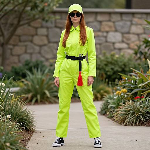 Photograph of a woman with long red hair, wearing a neon yellow jumpsuit, black belt, red tassel, black sneakers, and a neon