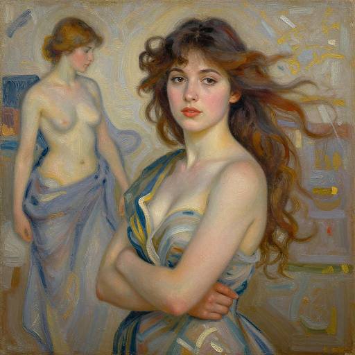 Impressionist painting of two topless women with flowing brown and red hair, draped in blue and white fabric, in a softly lit room.