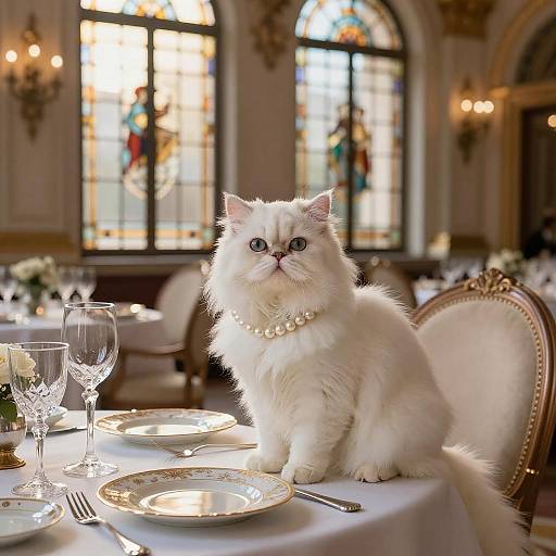 White Persian Cat with Pearl Necklace in Elegant Banquet Hall