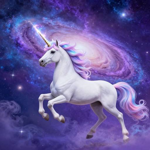 Digital artwork of a white unicorn with a glowing horn, flowing pink and purple mane, rearing in a starry, cosmic purple background.