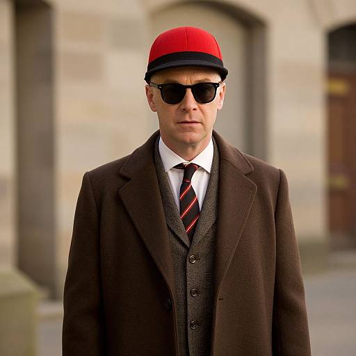 Photograph of a serious, white man in a brown suit, red tie, black-and-red striped tie, red flat cap, and black sunglasses,