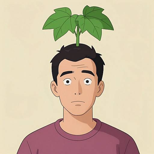 Cartoon illustration of a surprised man with short black hair, wearing a purple shirt, with two green leaves growing from his head.