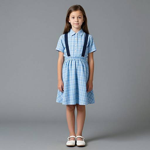 Photograph of a young girl with long brown hair, wearing a blue plaid dress with black suspenders and white Mary Jane shoes, standing against a