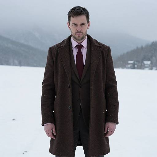 Photograph of a serious, dark-haired man in a brown overcoat, pink shirt, and maroon tie, standing in a snowy landscape.