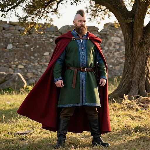 Photograph of bearded man in medieval green tunic, red cape, black pants, standing in grassy field with stone wall and tree.