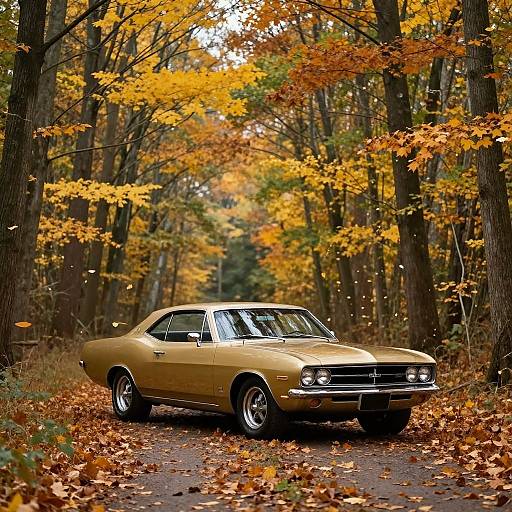 Vintage Golden Muscle Car in Autumn Forest