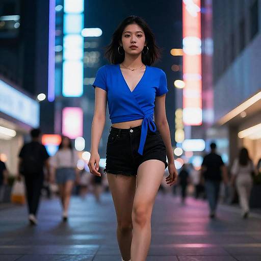 Confident woman walking in neon-lit city