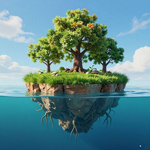 Digital illustration of a floating island with lush green trees, grass, and exposed roots, reflecting in clear blue water, under a bright blue sky with white